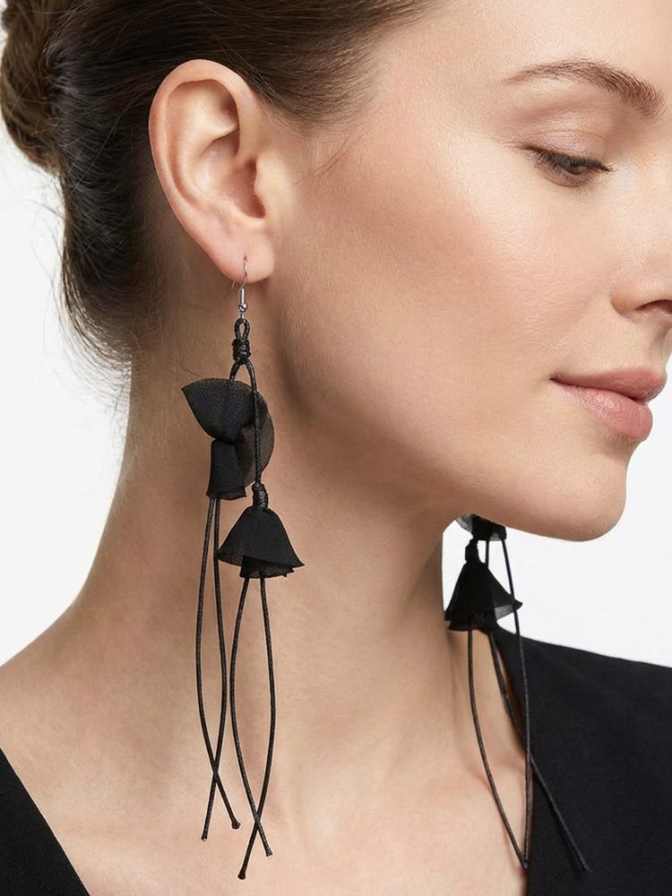 Black fabric tassel floral earrings