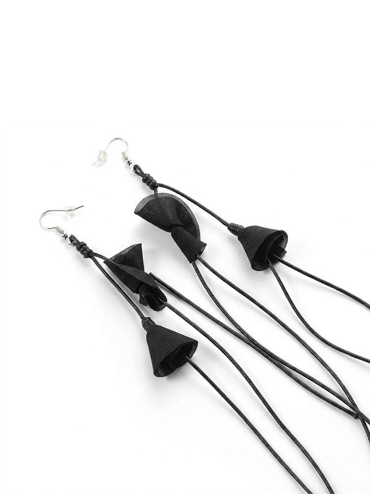 Black fabric tassel floral earrings - view 3