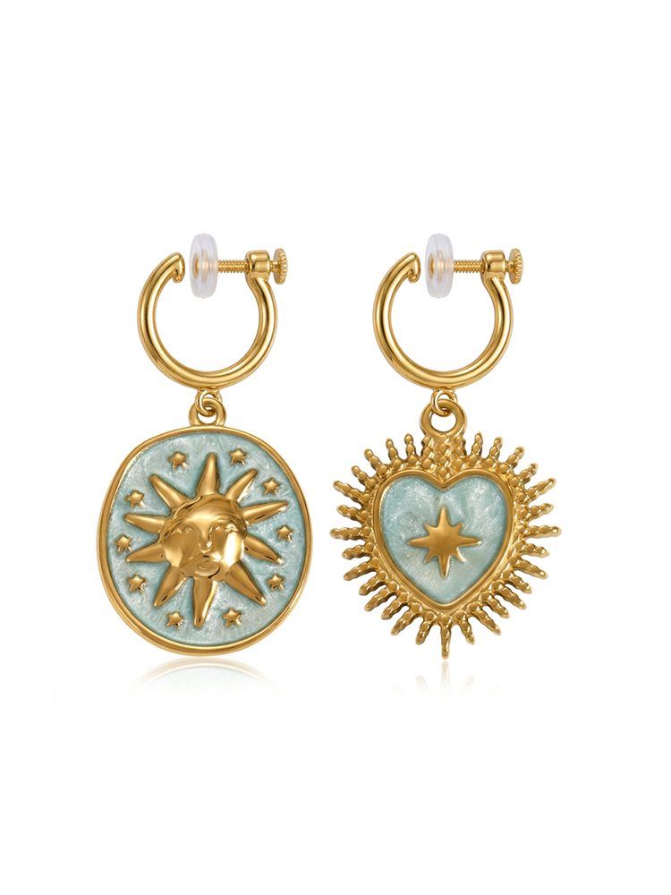 Blue Heart Sun Clip-On Earrings Comfort – 18K Gold Plated Vacation Style Non-Pierced Earrings Screw Back Clip-On Earrings
