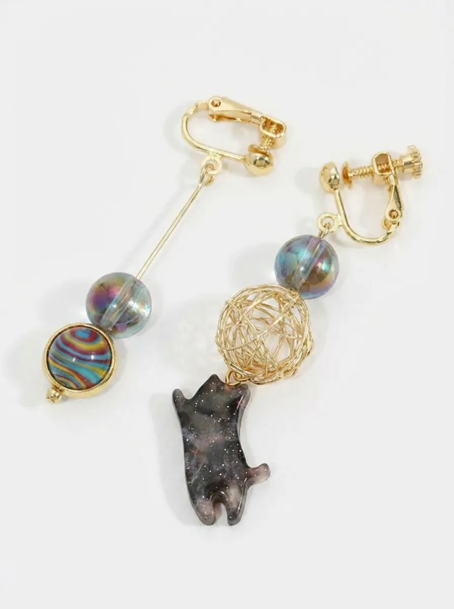 Blue Spring Yarn-Playing Cat Drop Studs & Clip-On Earrings ( On Model — Minimalist Jewelry