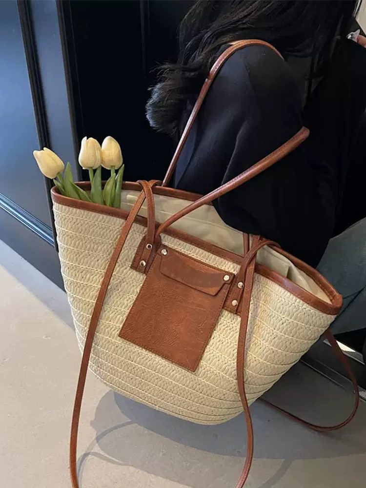 Chic Black Woven Handbag Summer Style Leather Patchwork Tote
