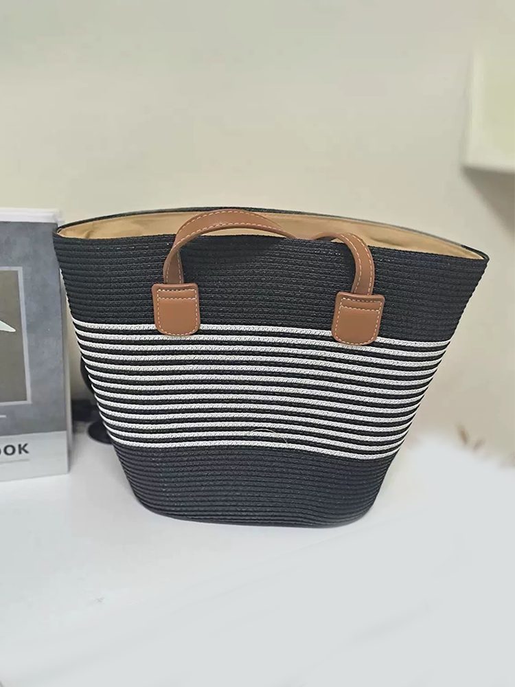Chic Riviera Stripe Beach Straw Tote Bag