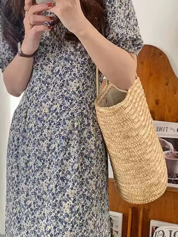 Chic Solid Color Straw Woven Shoulder Bag