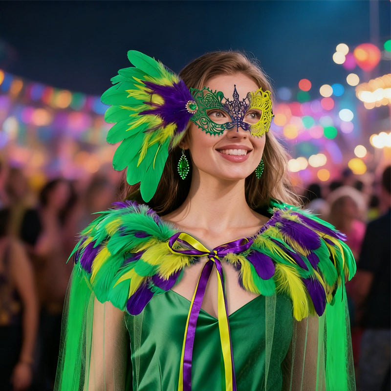Clothing three-color feather suit, half-face mask, accessories, shawl, cosplay costume props for World Cup Carnival