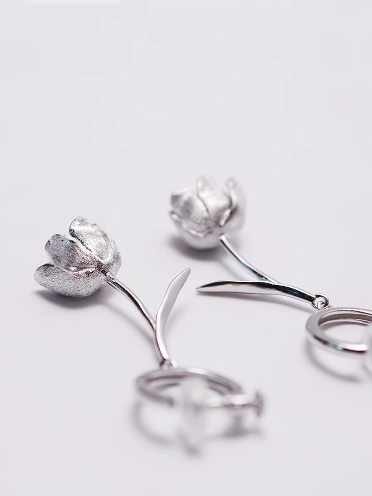 Comfort 925 Sterling Silver Floral Clip-On Earrings – Integrated Flower Bud Non-Pierced Earrings
