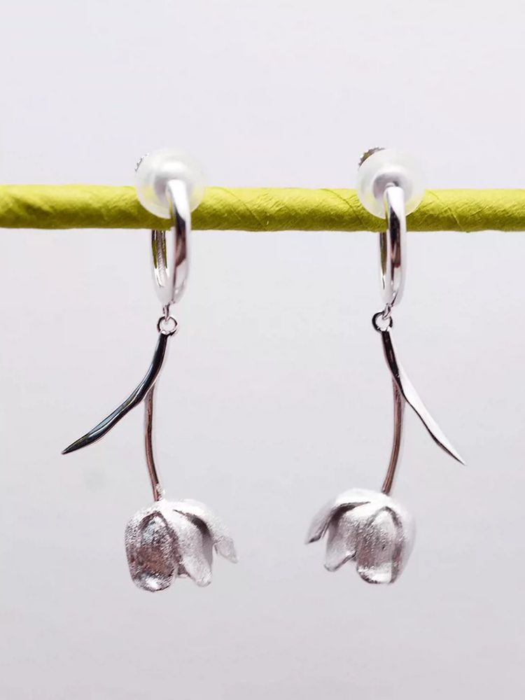 Comfort 925 Sterling Silver Floral Clip-On Earrings – Integrated Flower Bud Non-Pierced Earrings