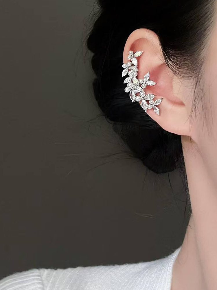 Elegant floral crystal ear cuffs No Piercing Side View — 18K Gold Plated