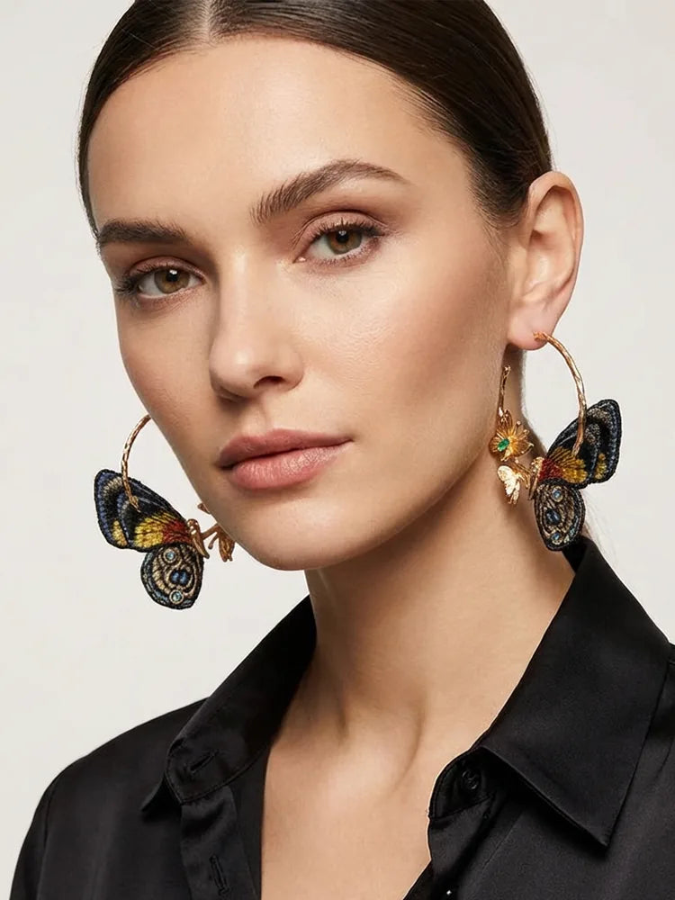 Embroidered butterfly ethnic-style drop earrings — 18K Gold Plated Jewelry | Fairies Whisper