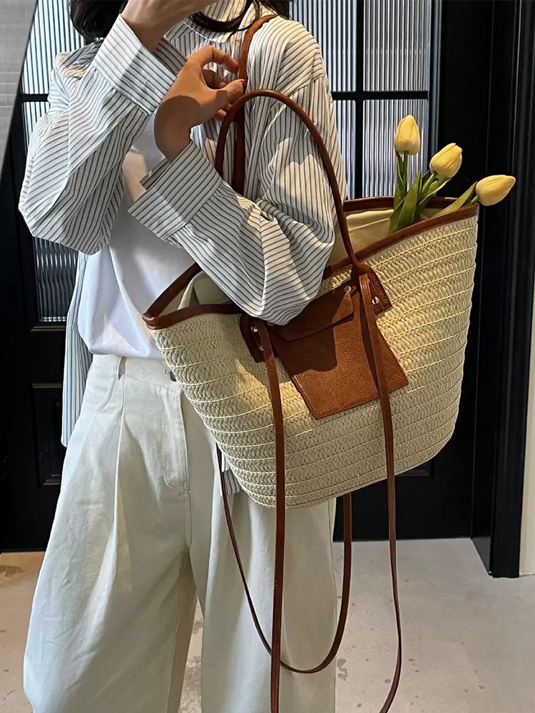 Fashion Large Black Woven Tote Bag Handmade Leather Shoulder Bag