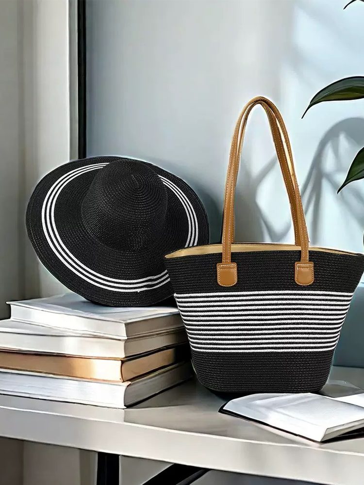 Fashion Straw Hat and Woven Bag Set Coastal Style