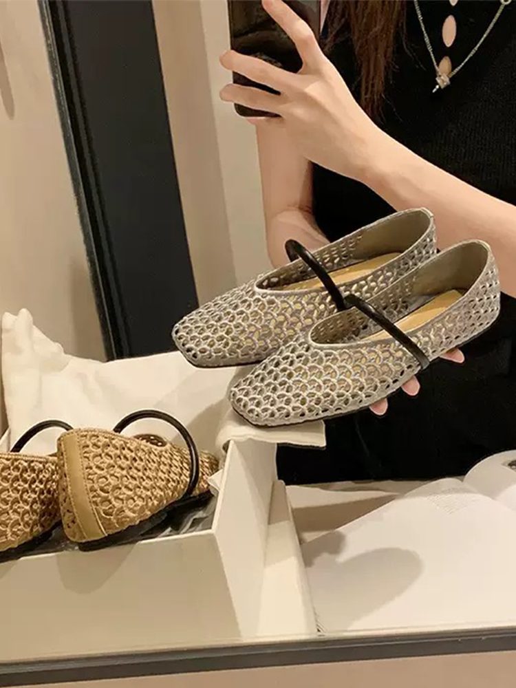French Square Toe Hollow Woven Slingback Flats Shoes