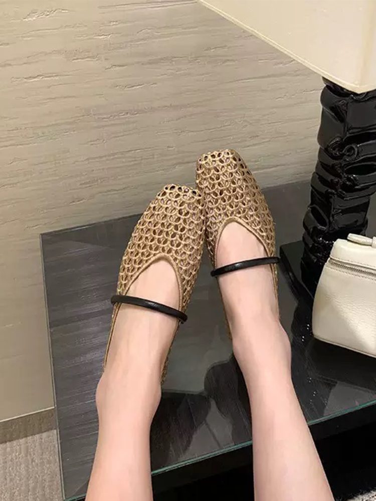 French Square Toe Hollow Woven Slingback Flats Shoes