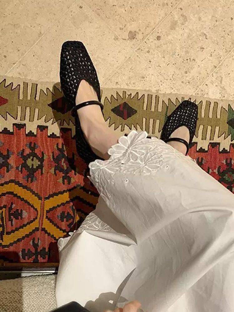 French Square Toe Hollow Woven Slingback Flats Shoes