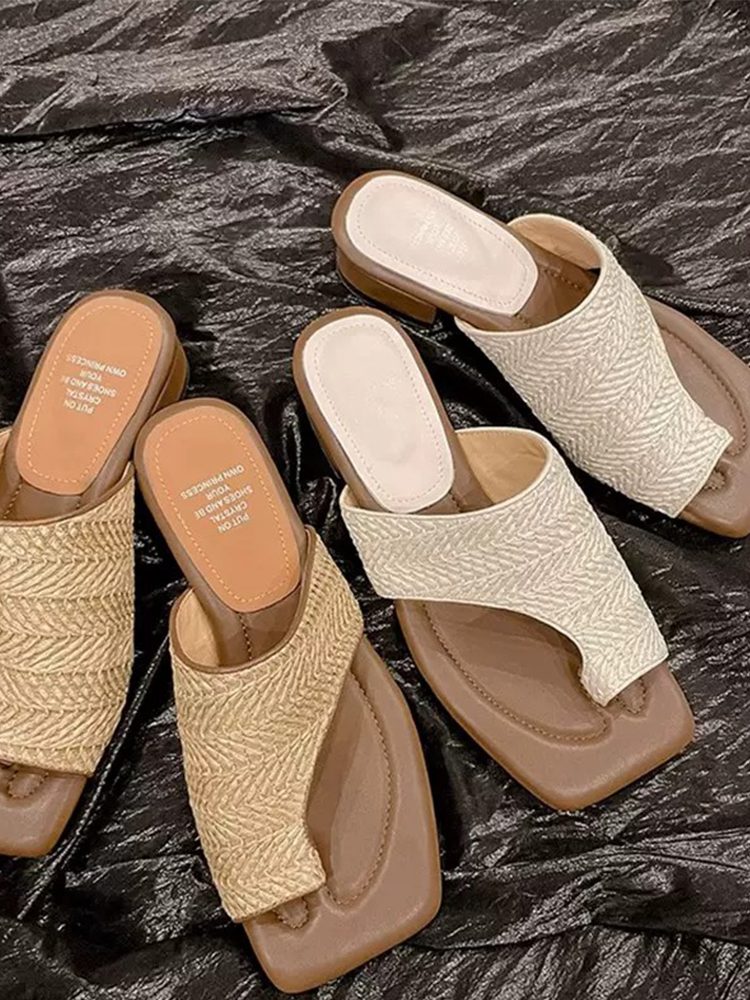 French Vintage Woven Toe-Loop Block Heel Sandals Shoes