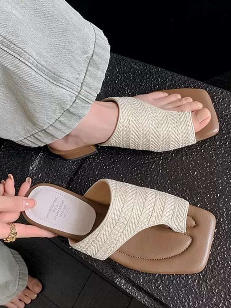 French Vintage Woven Toe-Loop Block Heel Sandals Shoes