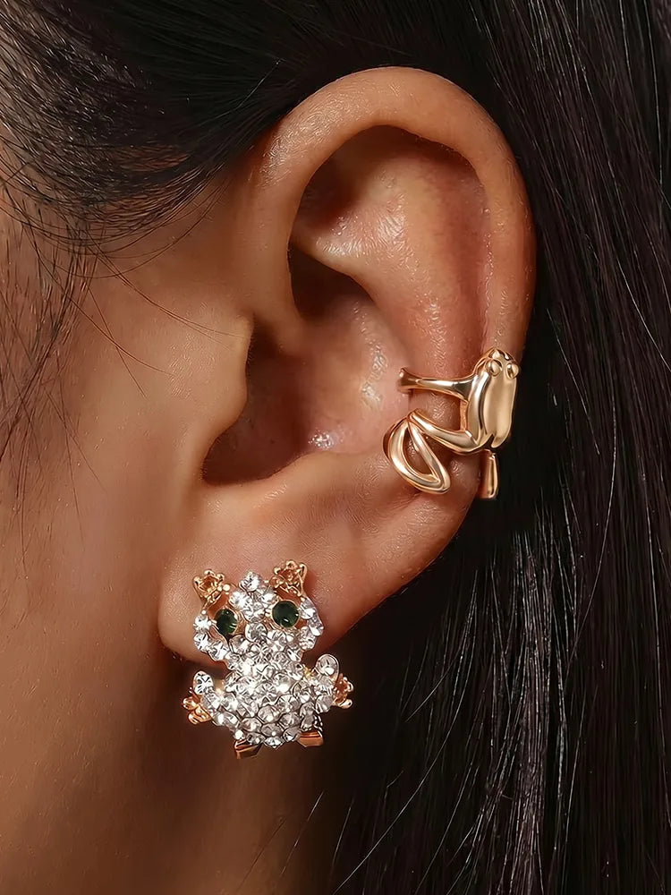 Frog Design Rhinestone Stude Clip-On Earrings Ear Cuff