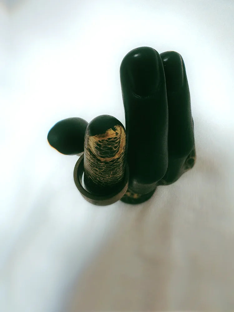 Fairies Whisper Pharaoh Ring top view, brushed bronze cylindrical crown-inspired jewelry