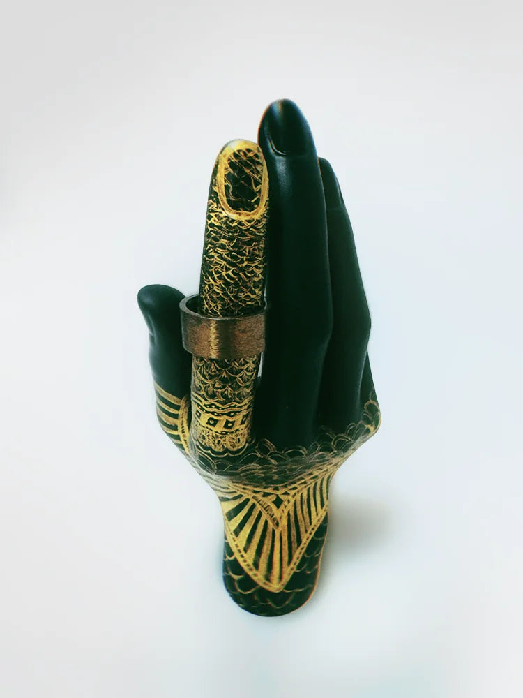 Fairies Whisper Pharaoh Ring side view, solid bronze cylindrical band with matte brushed finish