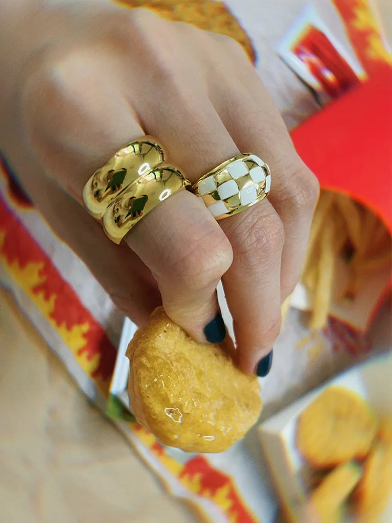 Fairies Whisper Shakespeare checkerboard ring inspired by playing cards, vintage theatrical jewelry