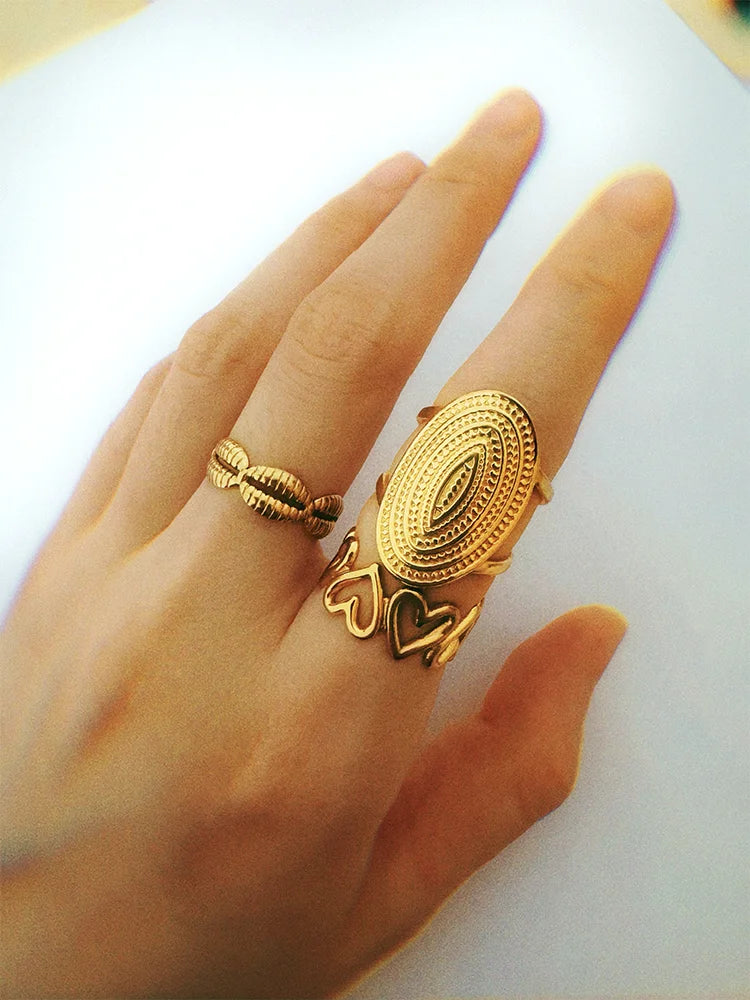 Fairies Whisper Friday Shield Ring front view, vintage gold shield-shaped ring jewelry