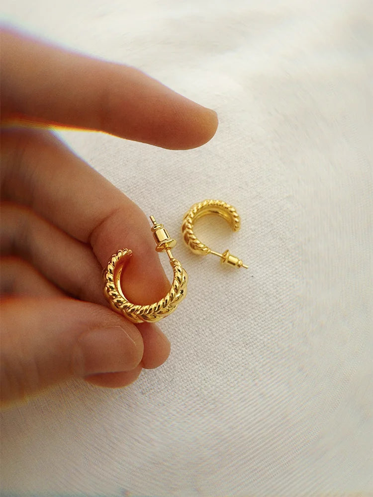 Fairies Whisper Wheat.exe Earrings worn on ear, minimalist small gold hoops inspired by wheat
