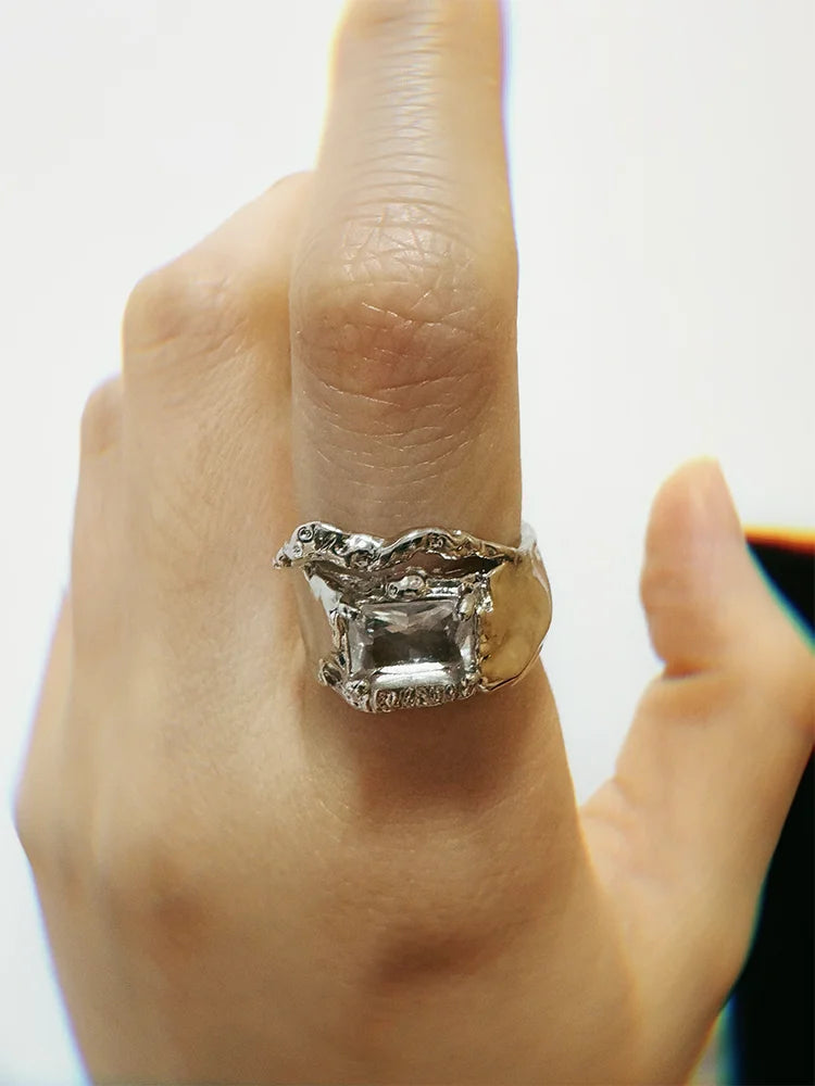 Fairies Whisper Diamond Phantom Ring worn on hand, silver jewelry with synthetic diamond and sculptural style