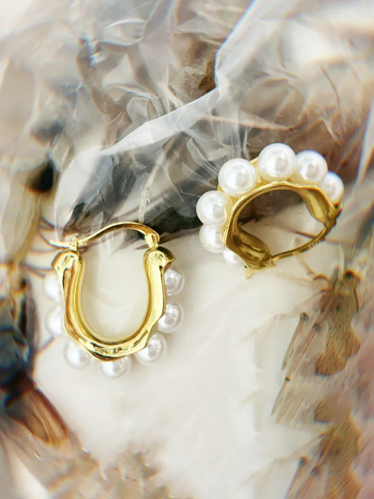 Fairies Whisper Pearl 404 Earrings side view, gold hoops detailed with white pearl beads