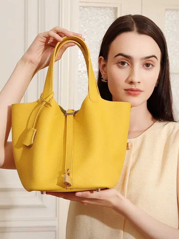 
Genuine Leather Bucket Bag Top Grain Cowhide Handbag

