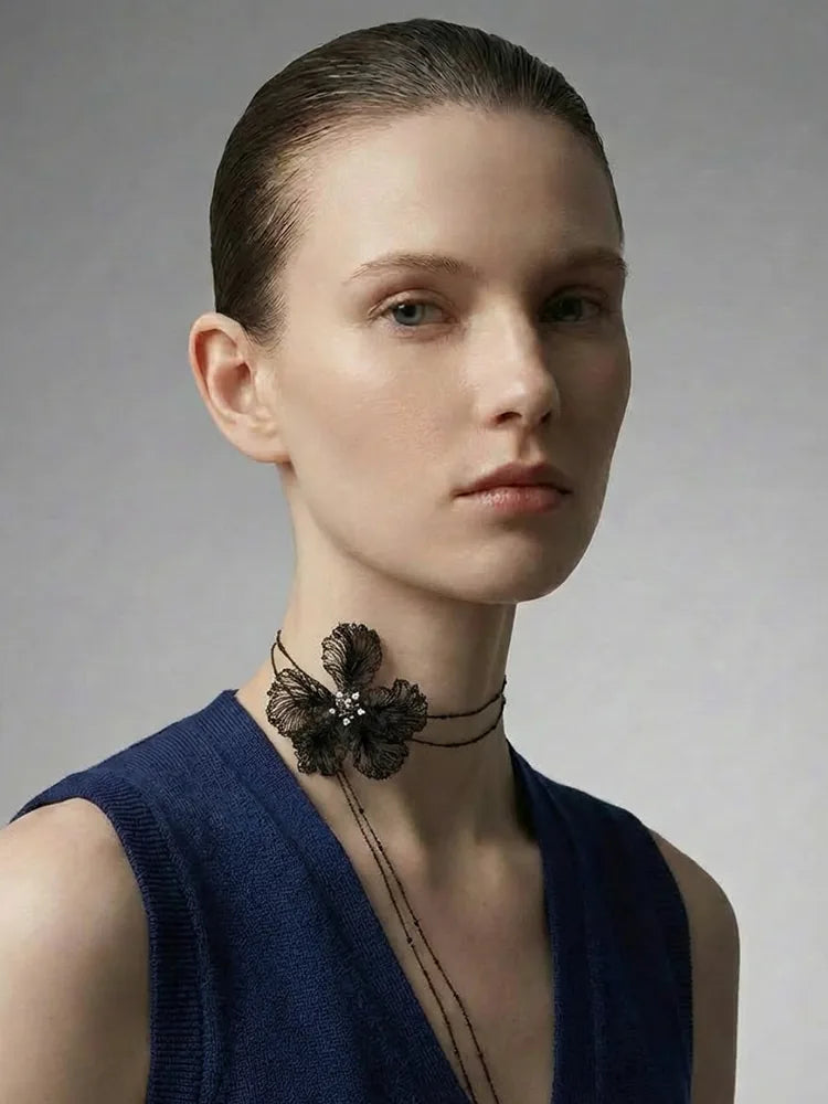 Hand-Crocheted Camellia Earrings with Crystal Acce - view 5
