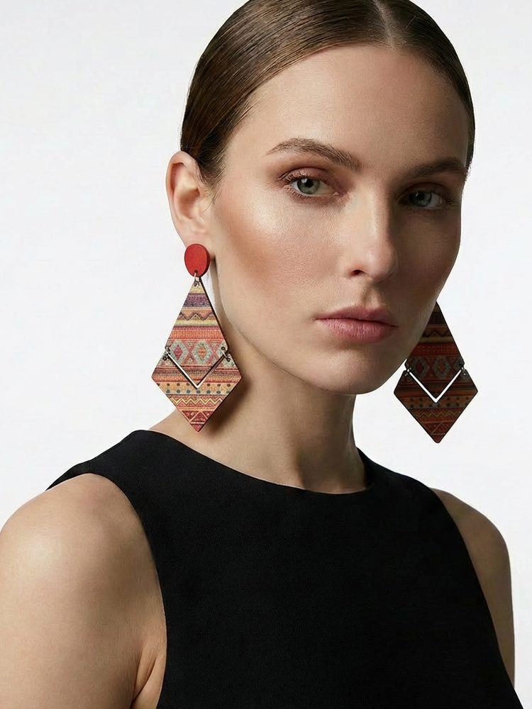 Hand-Painted Wooden Rhombus Earrings - view 8