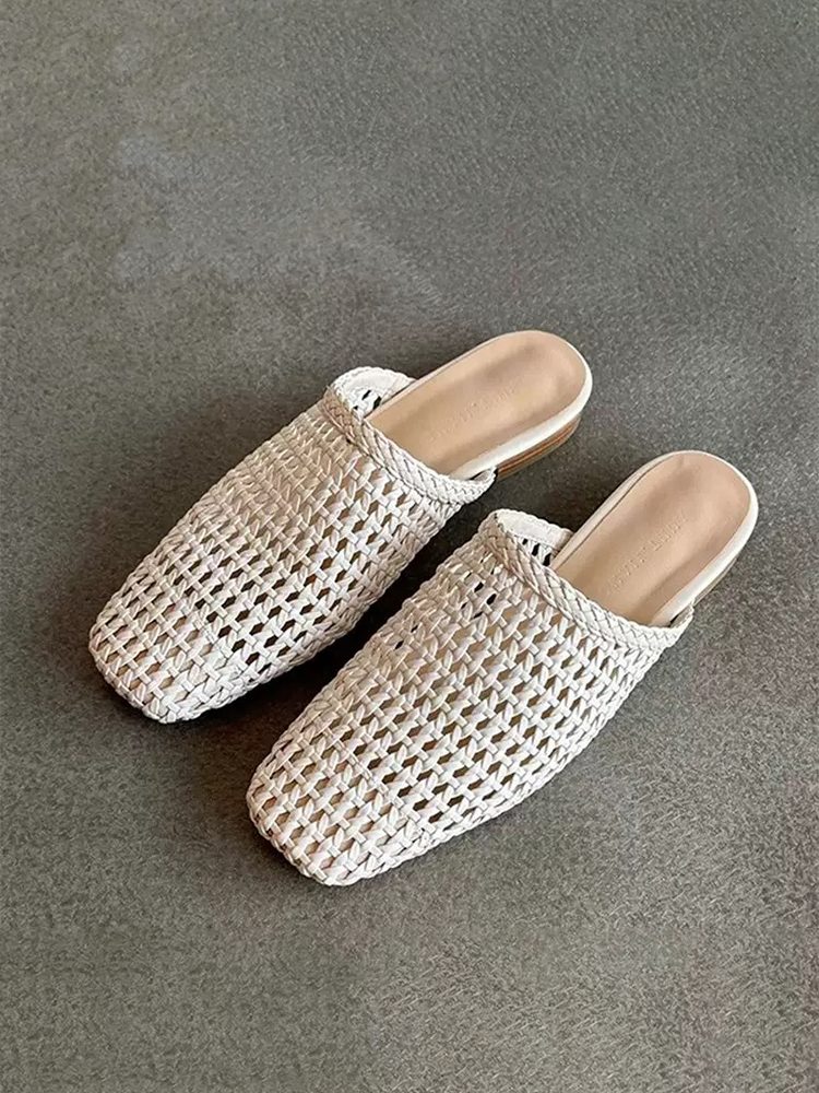 Handwoven Hollow Leather Closed-Toe Summer Mule Sandals Shoes