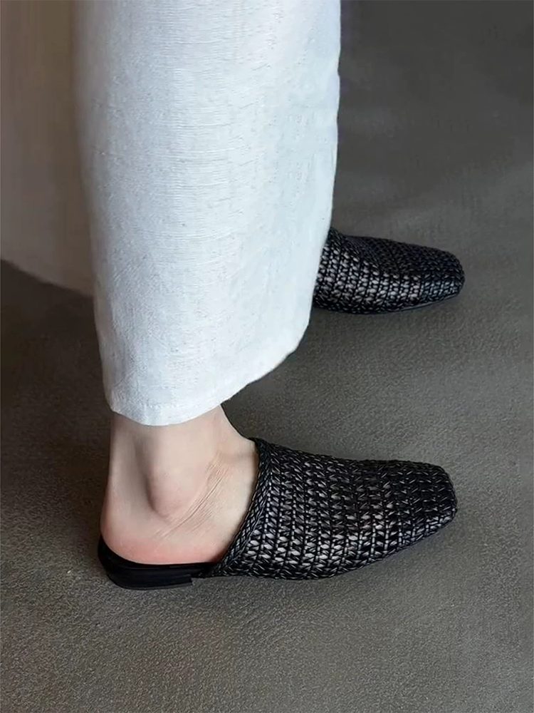 Handwoven Hollow Leather Closed-Toe Summer Mule Sandals Shoes