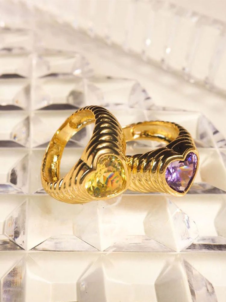 Heart-Shaped Cubic Zirconia Dome Ring, 18K Gold Plated Stainless Steel Cute Candy-Inspired Ring