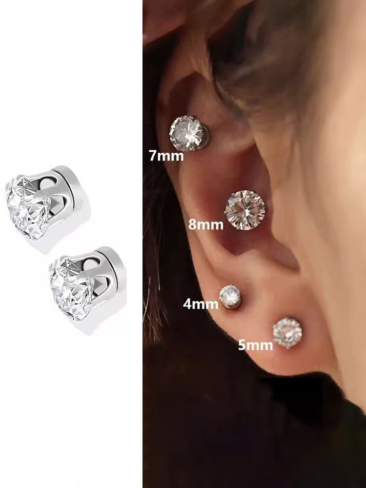 High-Quality Zircon Magnetic Earrings Stainless Steel Silver