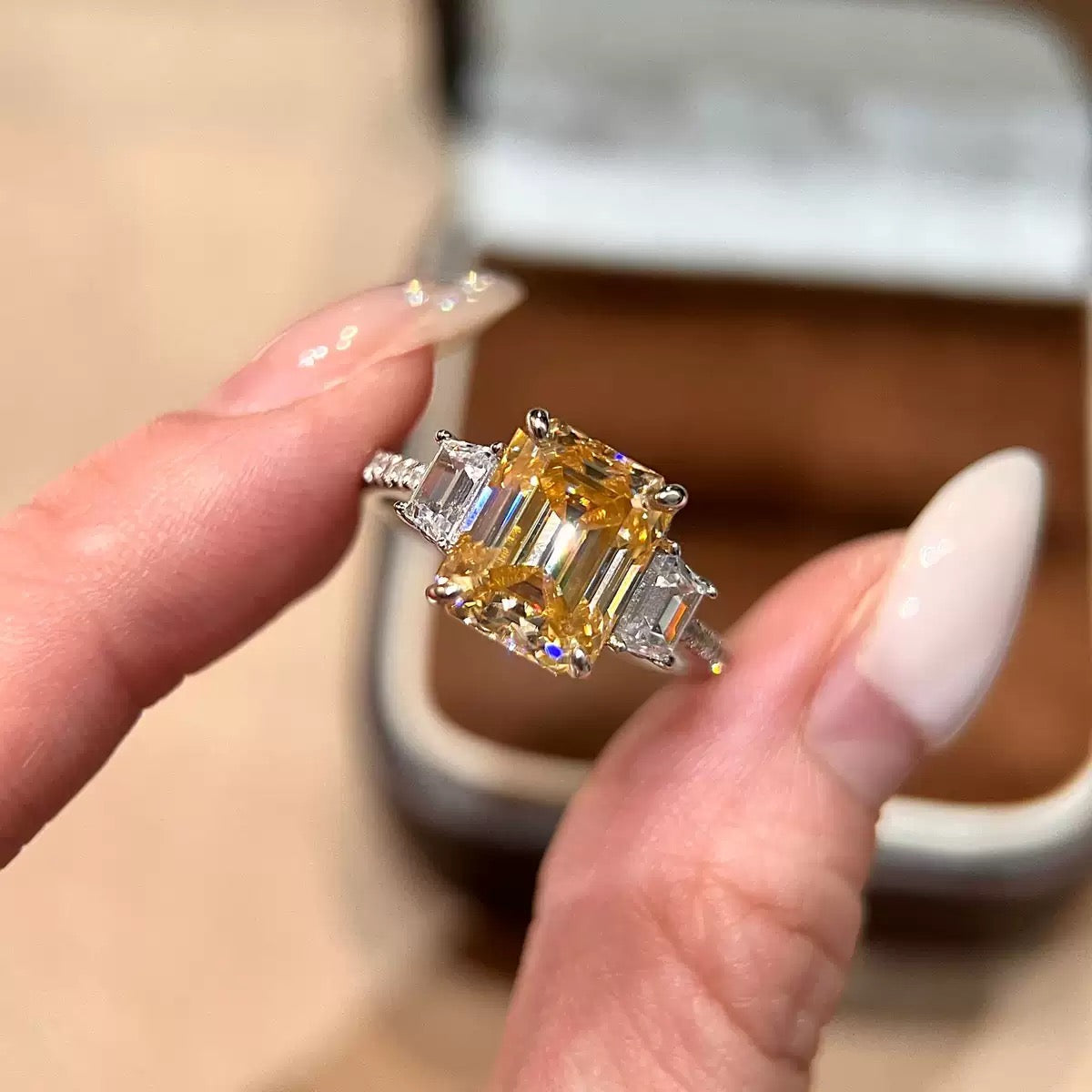 S925 Sterling Silver Yellow Square CZ Ring, Cute Sugar Cube Minimalist Fashion Ring for Women