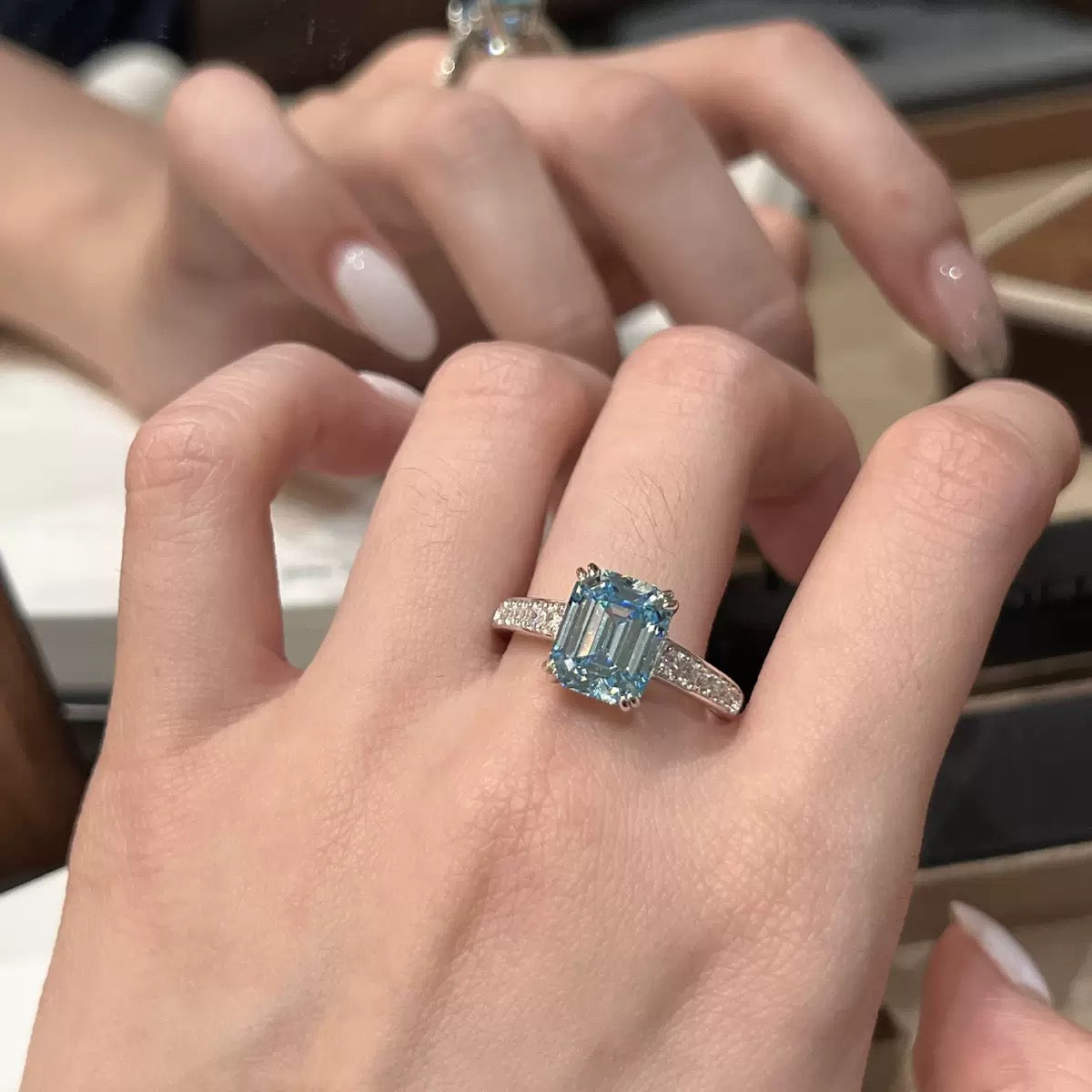 S925 Sterling Silver Blue Square CZ Ring, Cute Sugar Cube Minimalist Fashion Ring for Women