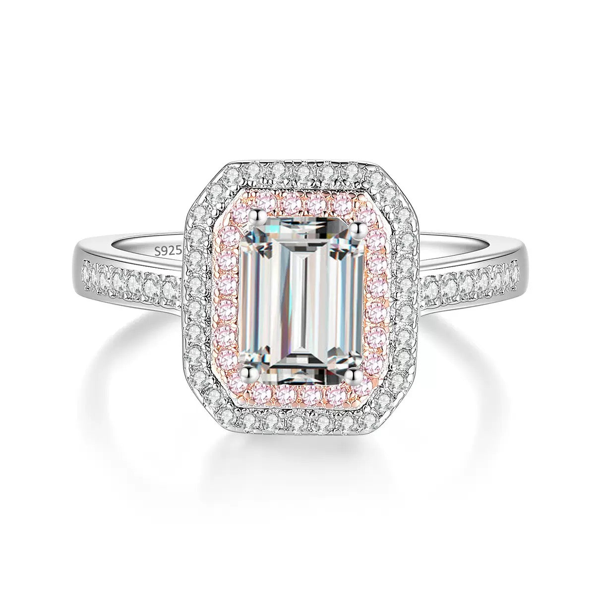 S925 Sterling Silver Moissanite Ring, Pink Square “Sugar Cube” CZ Statement Ring for Women