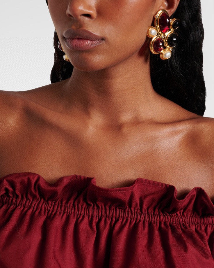 Vintage Big Earrings Gold Color Red Black Clip on