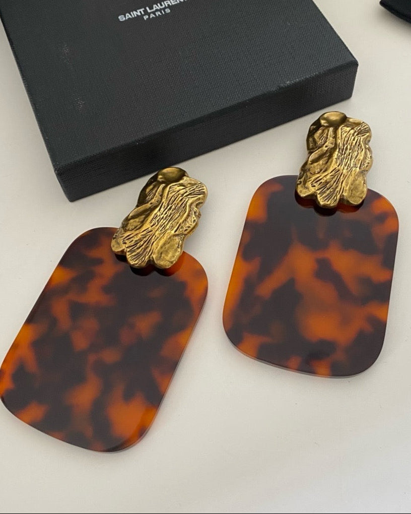 Vintage Earrings Big Amber Gold Cold Clip on