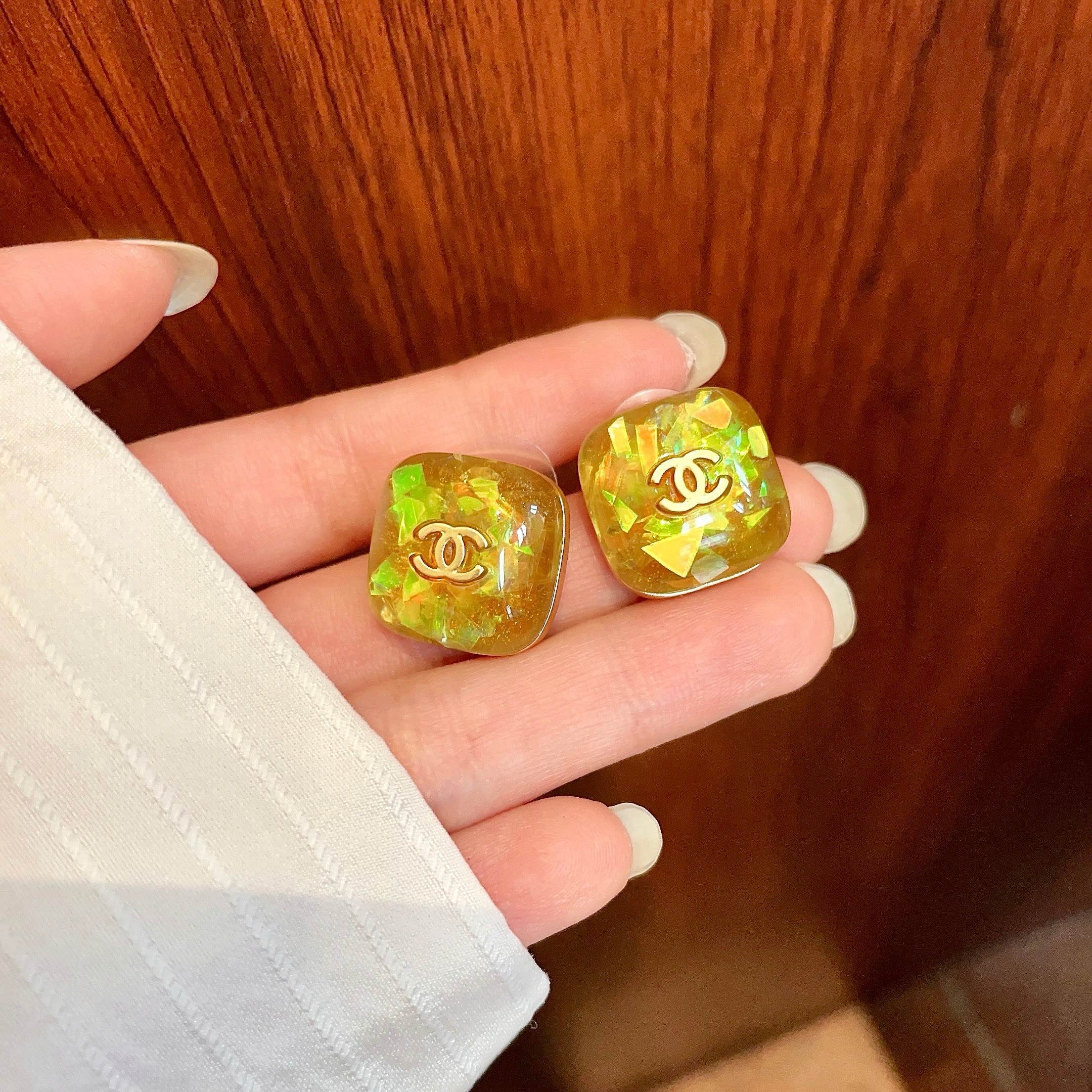 Vintage Authentic Gold-Tone Turn-Lock Earrings Pink Green Black
