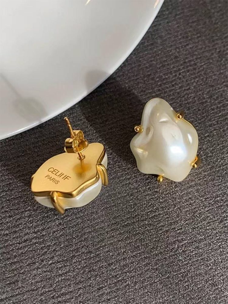Irregular Faux Pearl Stud Earrings in Stainless Steel with 18K Gold Plating Screw Back Clip-On Earrings