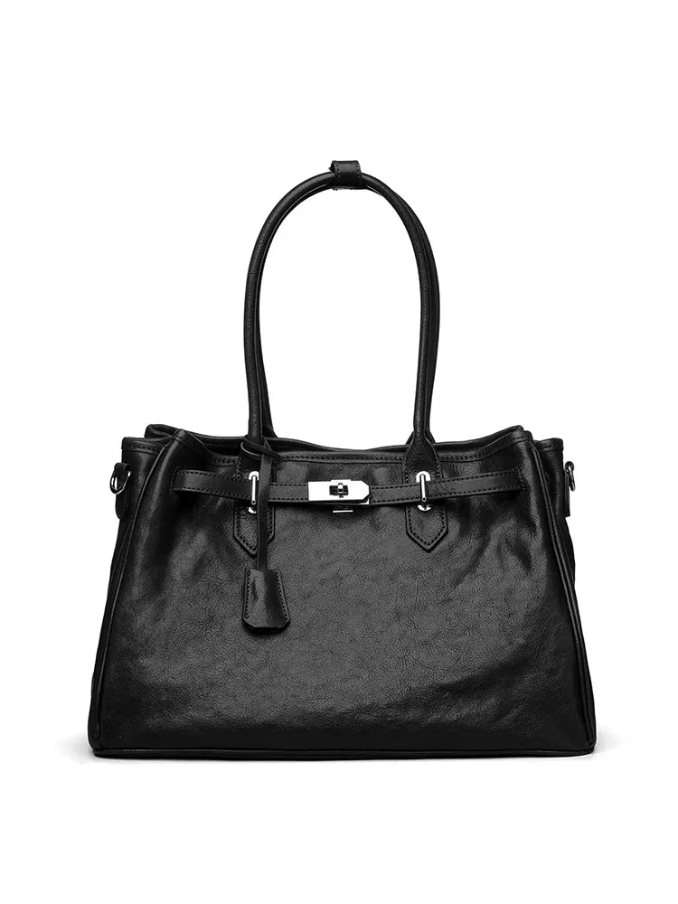 Large Black Cowhide Leather Business Handbag