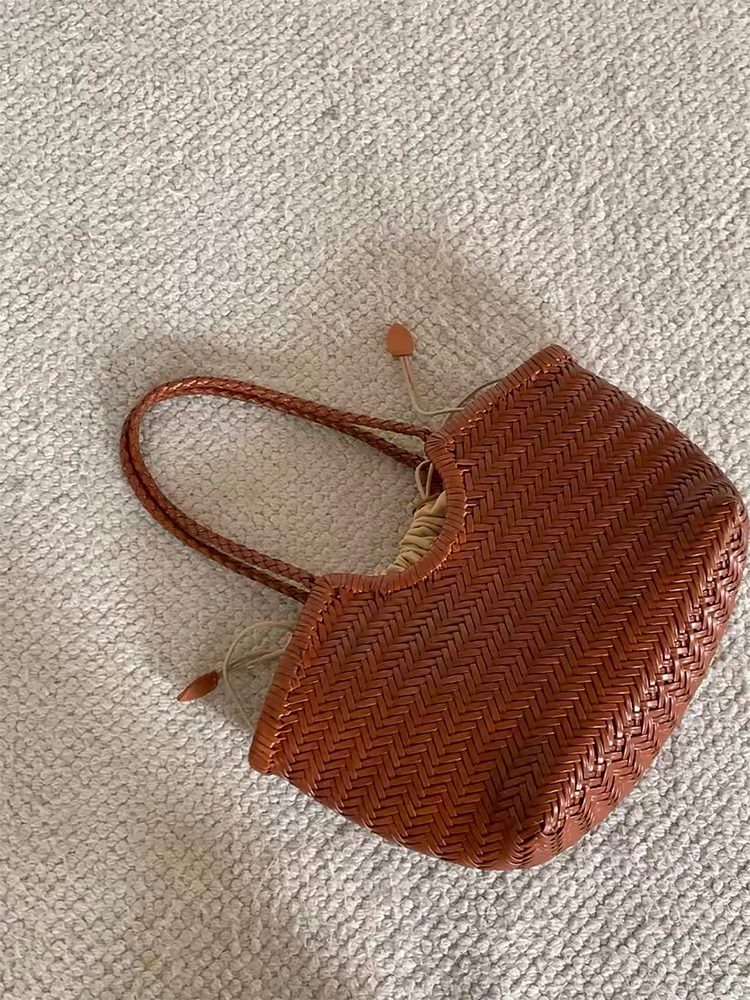 Large Handwoven Top-Grain Leather Basket Tote Bag