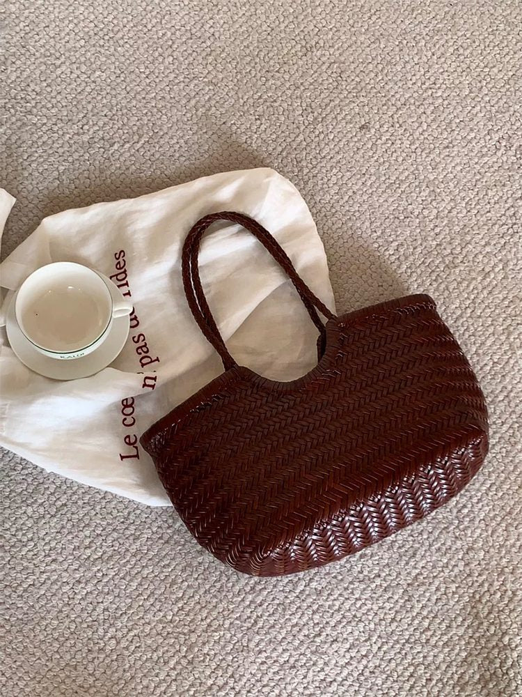 Large Handwoven Top-Grain Leather Basket Tote Bag