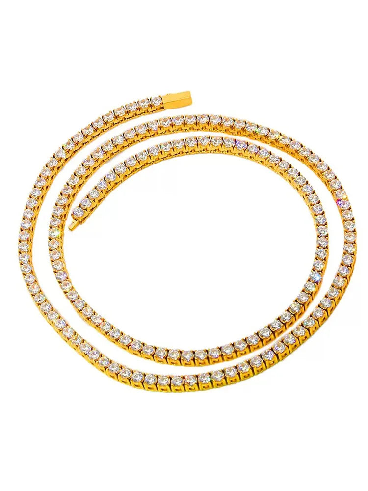 Luxury Iced Out CZ Tennis Chain Necklace – 18K Gold Plated 316L Stainless Steel, Hypoallergenic Unisex Jewelry 