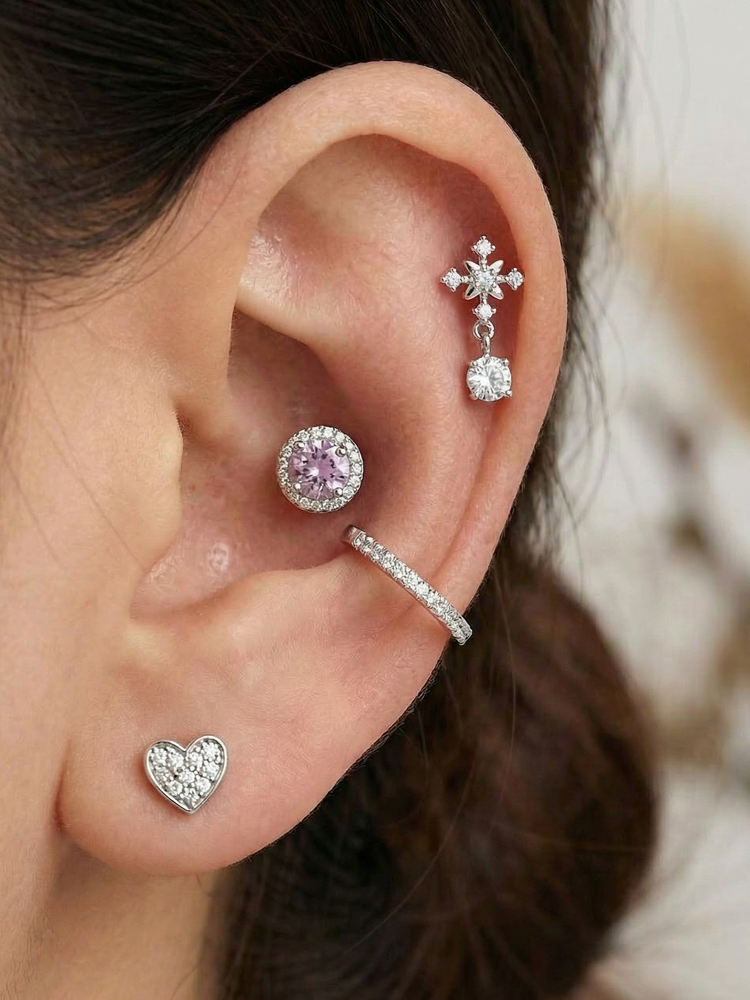 Pink Pavé 316L Surgical Steel Stud Women Men | 18K Gold P... - view 3