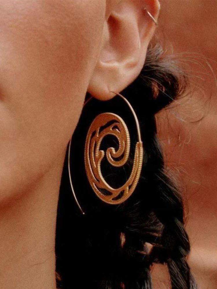 Mayan-Inspired Handmade Vintage Large Round Earrings Hoop