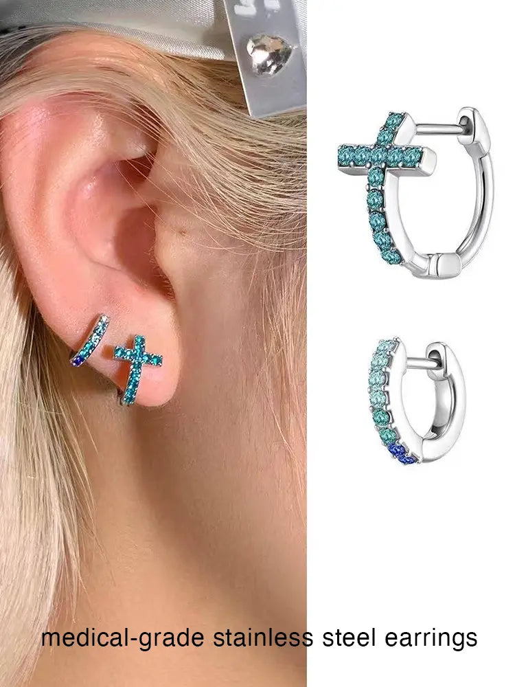 Medical titanium steel stud earrings blue diamond | 18K G... - view 3