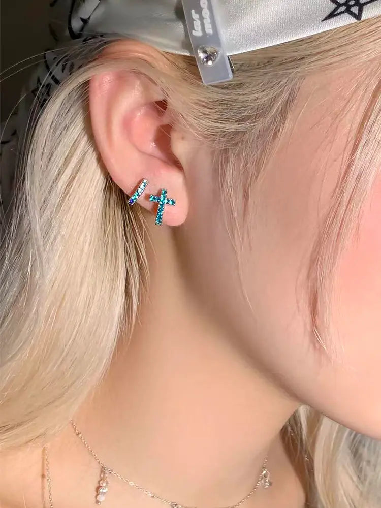 Medical titanium steel stud earrings blue diamond | 18K G... - view 6
