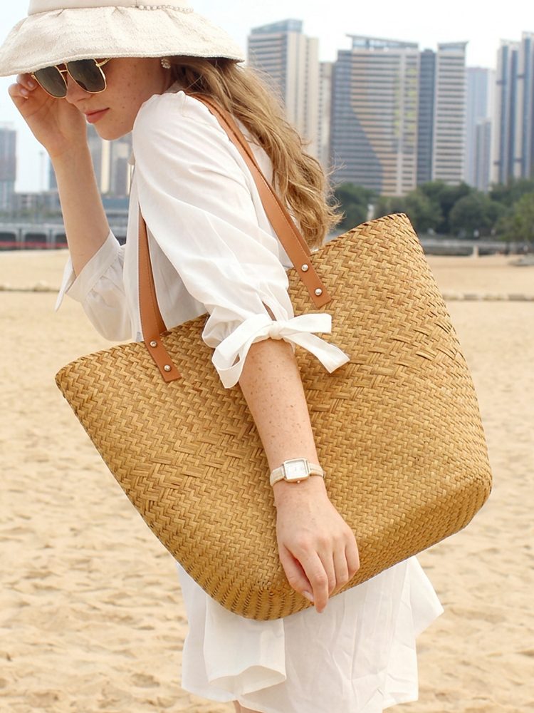 Minimalist Handmade Woven Straw Beach Tote Bag